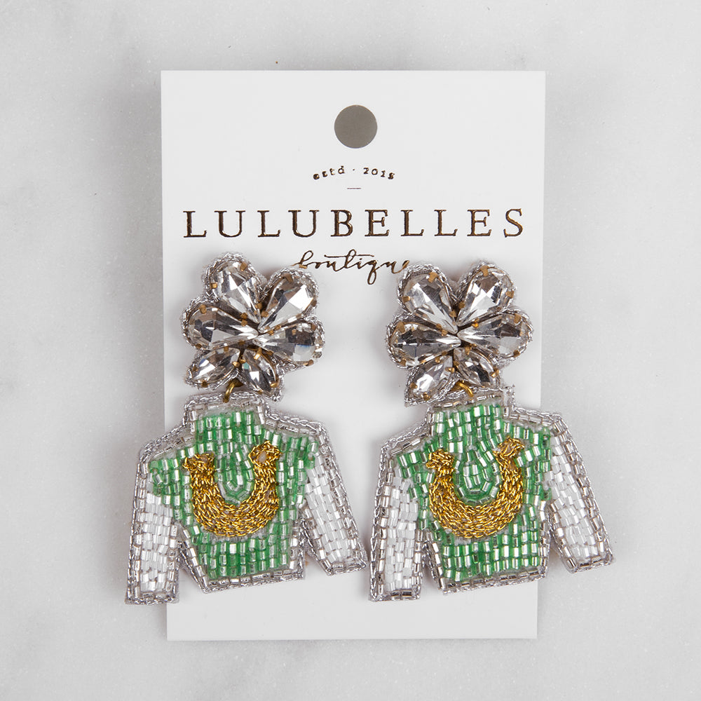 Lulubelles Green & Gold Horseshoe Jockey Silk Earrings